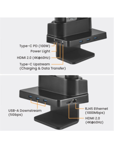 BM-MNT20-2,Suport 2 monitoare de masa cu Statie docking 8-in-1, Blackmount MNT20-2, 17"-32", max.8 kg/brat, otel, negru
